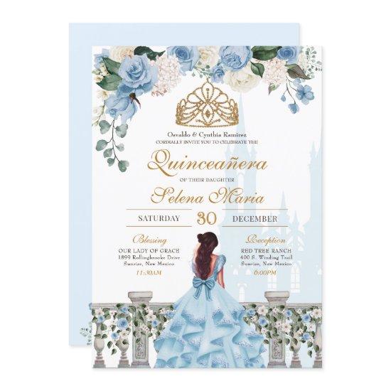 Cinderella Blue Floral Gold Princess Quinceanera