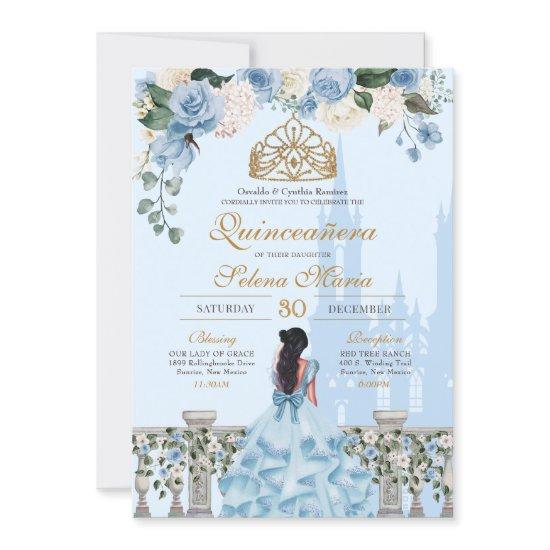 Cinderella Blue & Gold Floral Princess Quinceanera