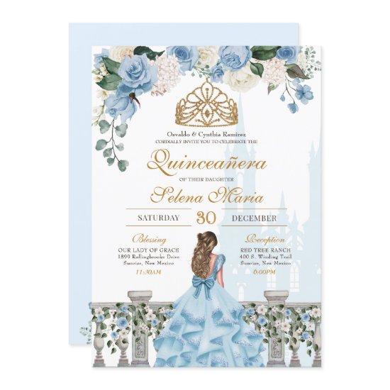 Cinderella Blue Roses & Gold Princess Quinceañera