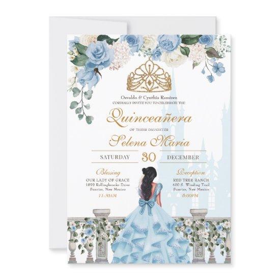 Cinderella Blue Roses & Gold Princess Quinceañera