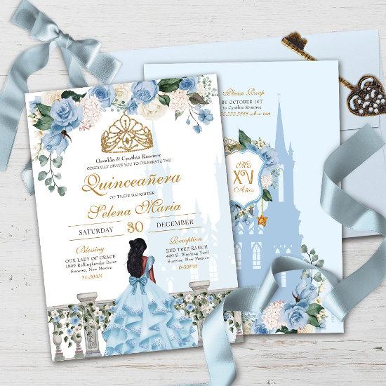 Cinderella Blue Roses & Gold Princess Quinceañera