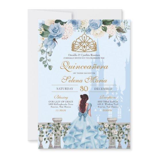 Cinderella Blue Roses & Gold Princess Quinceanera