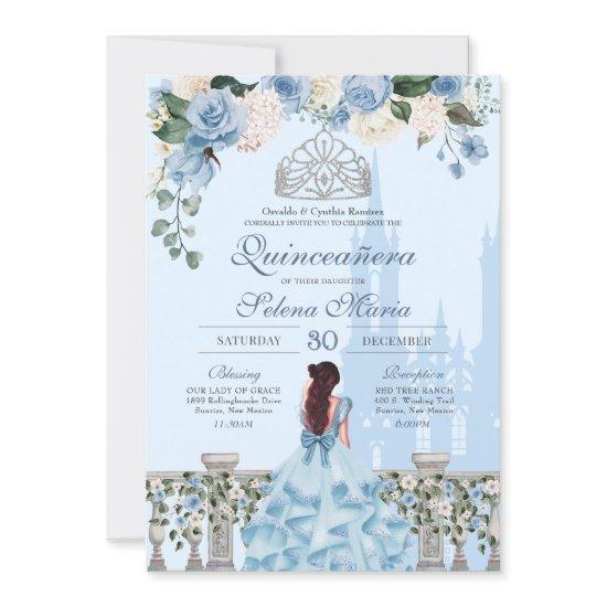 Cinderella Blue Roses Silver Princess Quinceanera