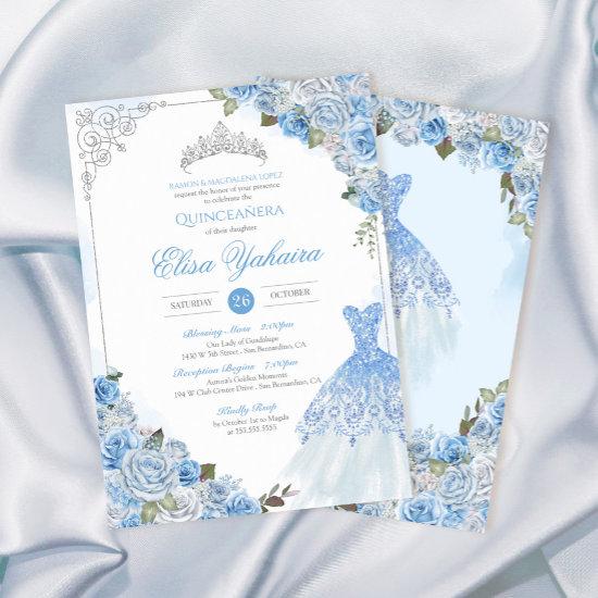 Cinderella Blue Silver Rose Princess Quinceanera