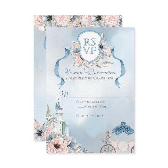 Cinderella Fairytale Elegant Blue Pink Quinceanera RSVP Card