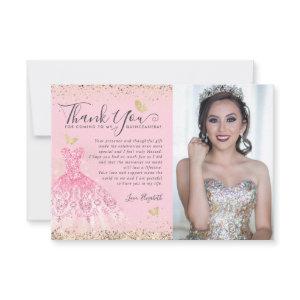Classic Blush Pink Gold Glitter Quinceanera 2Photo Thank You Card