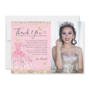 Classic Blush Pink Gold Glitter Quinceanera Photo Thank You Card