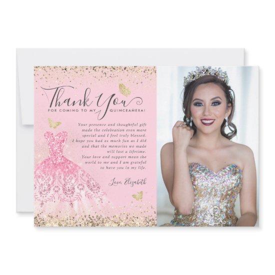 Classic Blush Pink Gold Glitter Quinceanera Photo Thank You Card