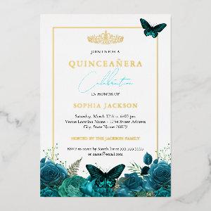 Classic Elegant Blue Butterfly Photo Quinceanera  Foil