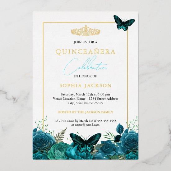 Classic Elegant Blue Butterfly Photo Quinceanera  Foil