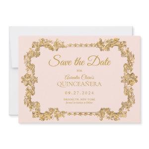Classic Elegant Blush Pink Gold Frame Quinceanera Announcement