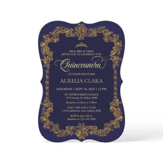 Classic Elegant Navy Blue Gold Tiara Quinceanera