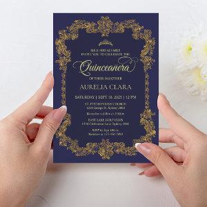 Classic Elegant Navy Blue Gold Tiara Quinceanera