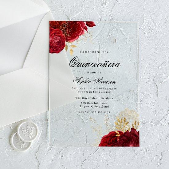 Classic Elegant Red Rose & Gold Quinceanera Acrylic