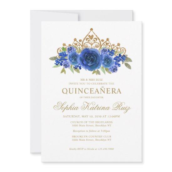 Classic Floral Royal Blue Gold Tiara Quinceañera