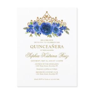 Classic Floral Royal Blue Gold Tiara Quinceañera Postcard