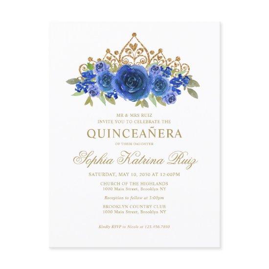 Classic Floral Royal Blue Gold Tiara Quinceañera Postcard