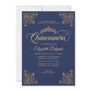 Classic Navy Blue Gold Frame Tiara Quinceanera