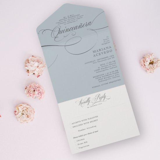 Classic Script Traditiona Wording Blue Quinceañera All In One