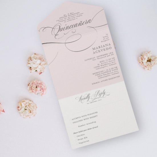 Classic Script Traditiona Wording Pink Quinceañera All In One
