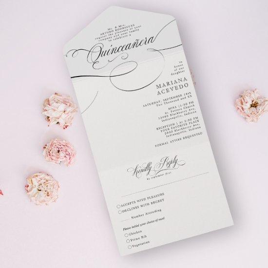 Classic Script Traditional Wording B&W Quinceañera All In One