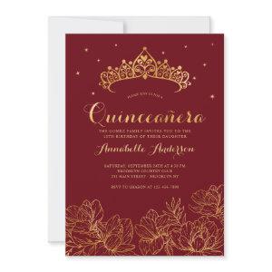 Classy Burgundy Red Gold Quinceañera Floral Tiara