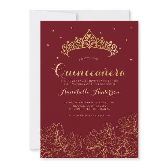 Classy Burgundy Red Gold Quinceañera Floral Tiara