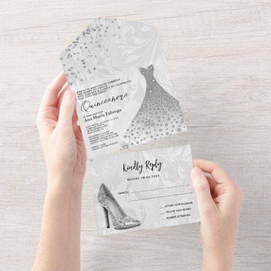 Classy Damask, Silver Stiletto & Gown Quinceañera All In One