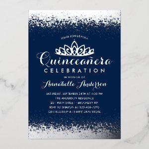 Classy Royal Blue Quinceañera Silver Tiara Glitter Foil