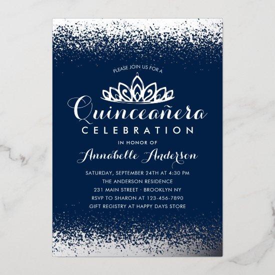 Classy Royal Blue Quinceañera Silver Tiara Glitter Foil