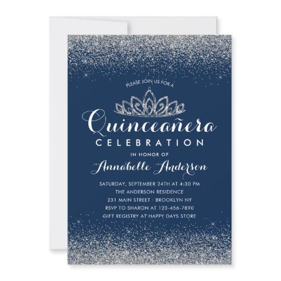 Classy Royal Blue Quinceañera Silver Tiara Glitter