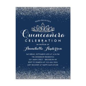 Classy Royal Blue Quinceañera Silver Tiara Glitter Postcard