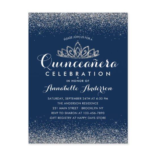 Classy Royal Blue Quinceañera Silver Tiara Glitter Postcard