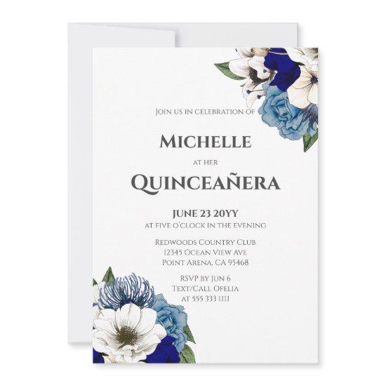 Cobalt Dusty Blue Watercolor Floral Quinceañera