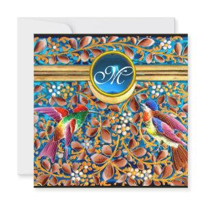 COLORFUL BIRDS AND FLORAL SWIRLS BLUE GEM MONOGRAM