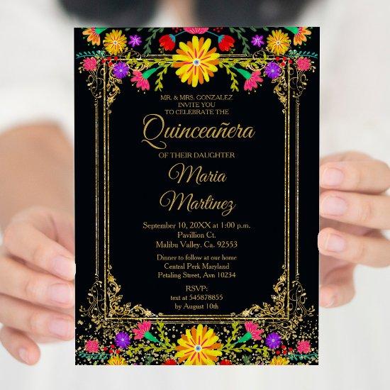 Colorful Floral & Black Background Quinceañera