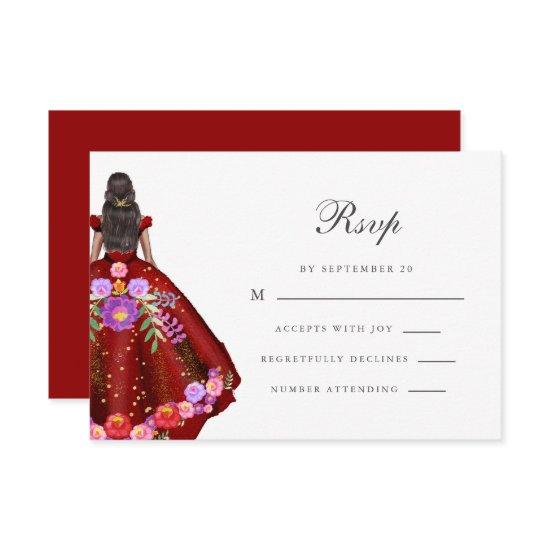 Colorful Red Fiesta Floral Calligraphy Quinceanera RSVP Card