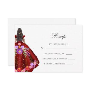 Colorful Red Fiesta Floral Calligraphy Quinceanera RSVP Card