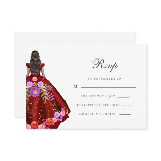 Colorful Red Fiesta Floral Calligraphy Quinceanera RSVP Card