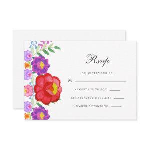 Colorful Red Fiesta Floral Calligraphy Quinceanera RSVP Card