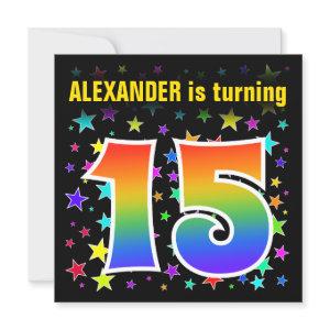 Colorful Stars + Rainbow Pattern "15" Birthday #