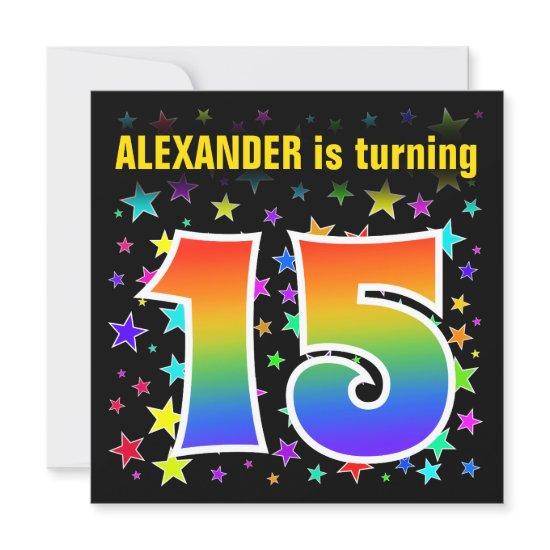 Colorful Stars + Rainbow Pattern "15" Birthday #
