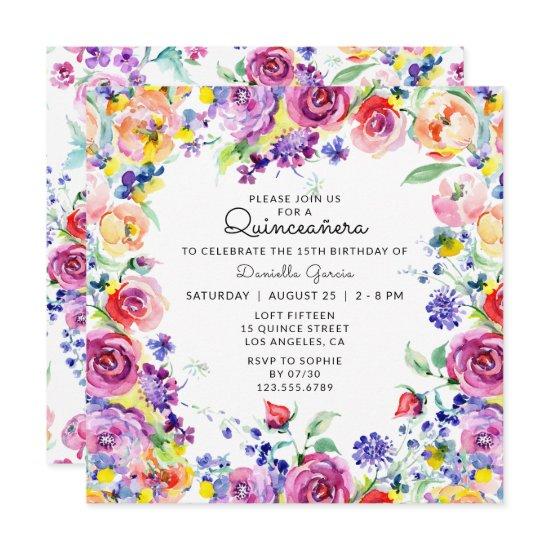 Colorful Watercolor Floral Chic Quinceañera