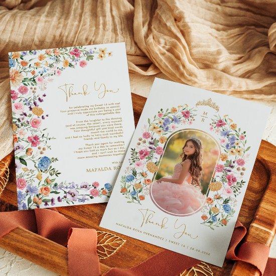 Colorful Wildflower Sweet 16 Quinceanera Photo Thank You Card