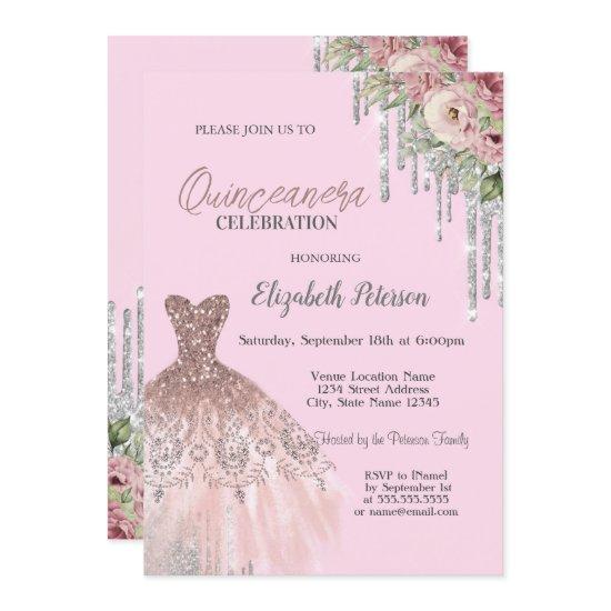 Cool Glitter Drips,Dress Floral Pink Quinceanera