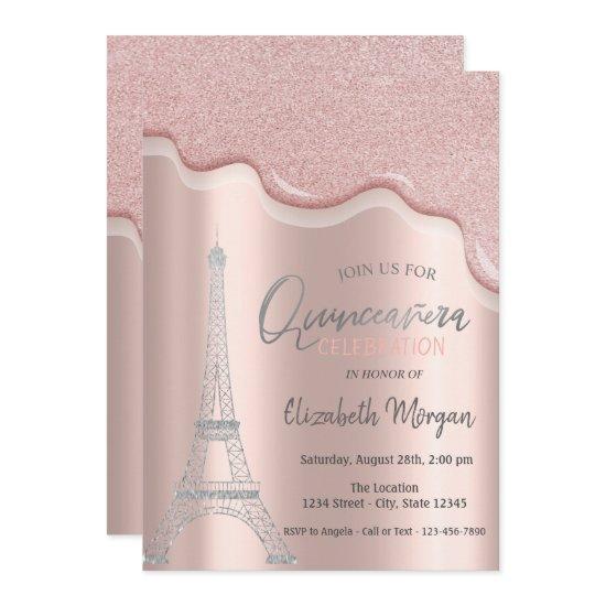 Cool Silver Glitter Drips,Eiffel Tower Quinceañera