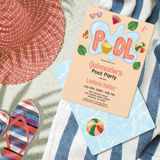 Cool Tropical Summer Pool Party Quinceañera Invita