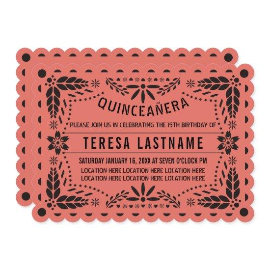 Coral and black papel picado Quinceañera