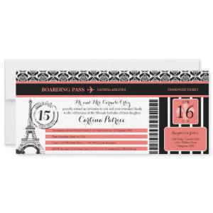 Coral Black Damask Quinceanera Paris Boarding Pass
