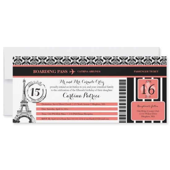 Coral Black Damask Quinceanera Paris Boarding Pass